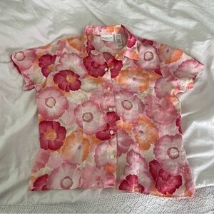 Liz Sport PETITE SMALL 100% Linen Short Sleeve Pink Orange Liz Claiborne flroal